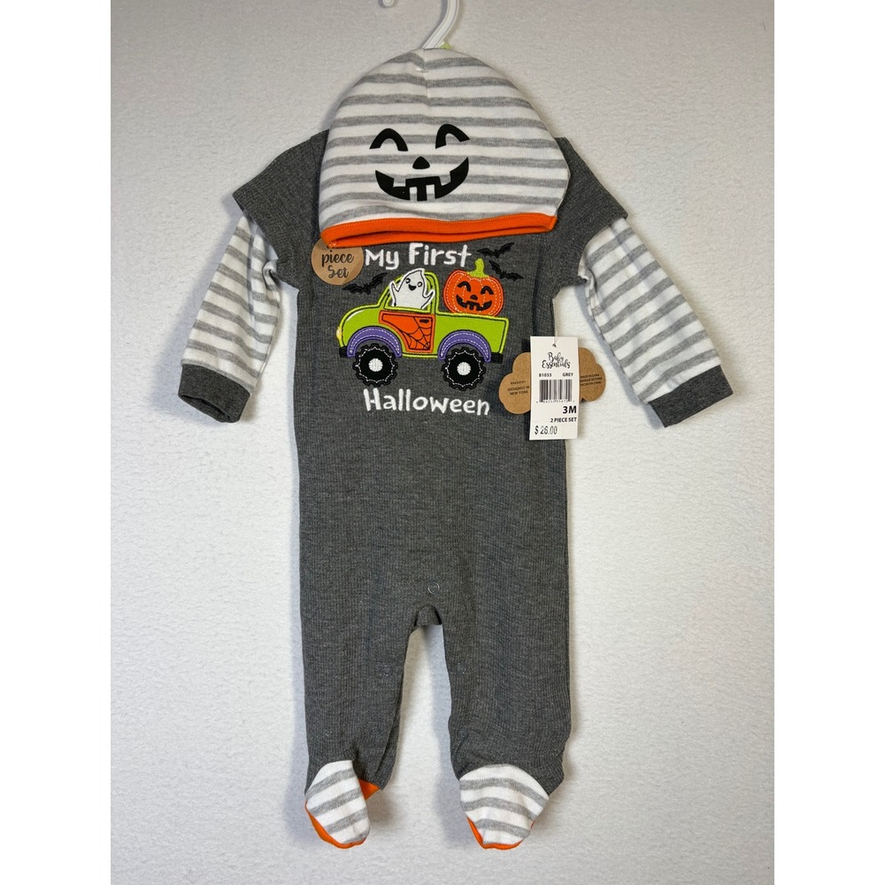 Baby Essentials Footed Romper Set Baby 3M Grey NWT My First Halloween Pumpkin